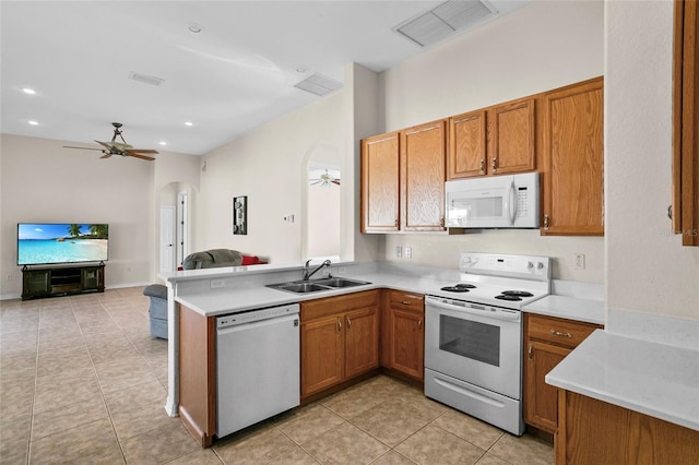 kitchen featuring sink, white appliances, kitchen peninsula, and ceiling fan