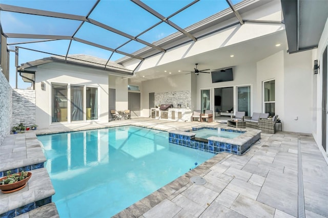 back of house featuring a patio area, glass enclosure, ceiling fan, a swimming pool with hot tub, and an outdoor hangout area