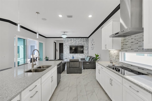 kitchen with dishwasher, white cabinetry, sink, black electric cooktop, and wall chimney exhaust hood