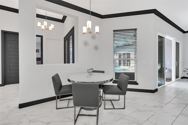 dining space featuring crown molding and an inviting chandelier