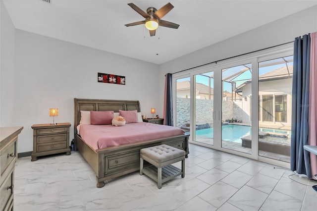 bedroom featuring access to exterior and ceiling fan