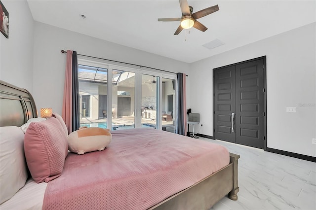 bedroom featuring access to exterior and ceiling fan