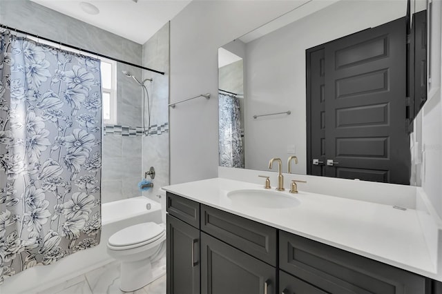 full bathroom featuring vanity, shower / bathtub combination with curtain, and toilet