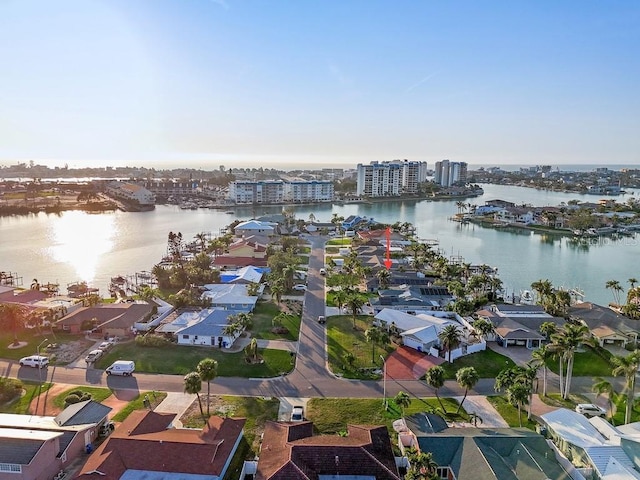 drone / aerial view featuring a water view