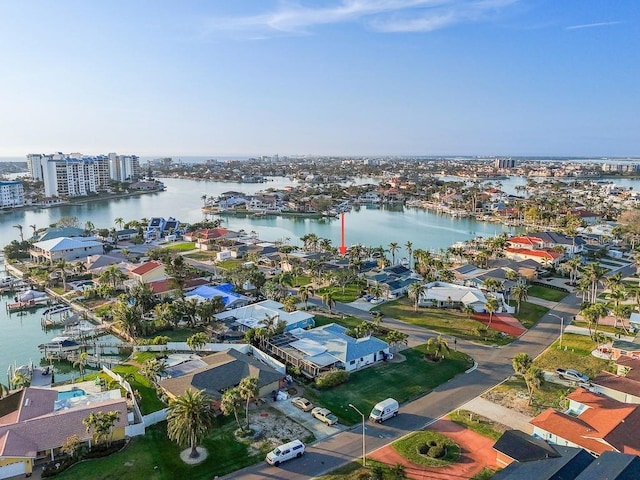 drone / aerial view with a water view