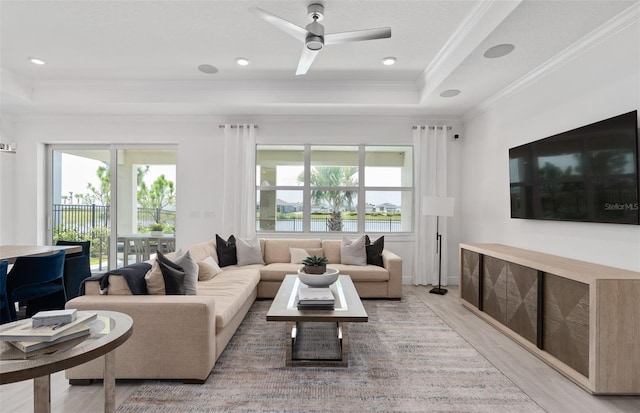 living room featuring crown molding, plenty of natural light, light hardwood / wood-style floors, and a raised ceiling