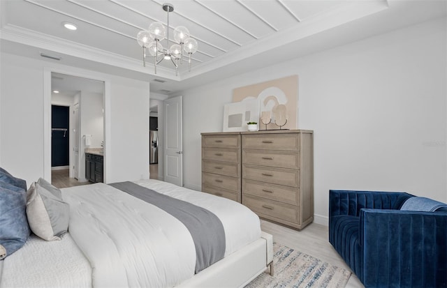 bedroom with a tray ceiling, a chandelier, ornamental molding, light hardwood / wood-style floors, and stainless steel fridge with ice dispenser