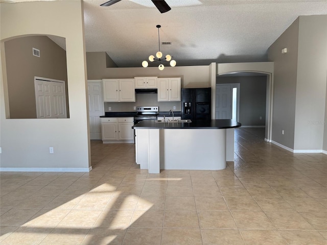 kitchen featuring hanging light fixtures, electric stove, white cabinets, and black refrigerator with ice dispenser