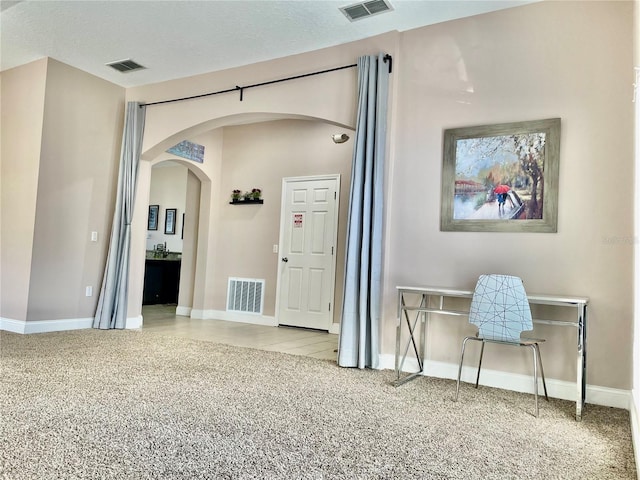 interior space featuring light colored carpet and a textured ceiling