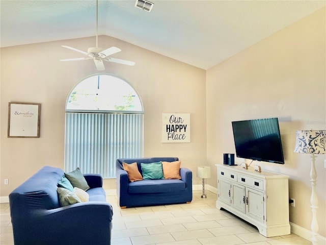 living room featuring ceiling fan and vaulted ceiling