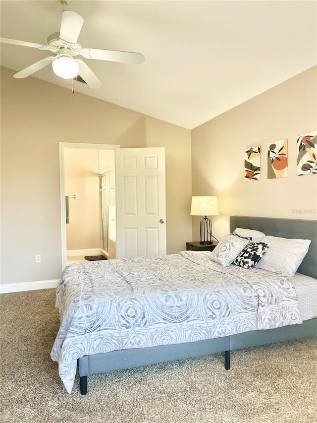 bedroom featuring ceiling fan, lofted ceiling, and carpet floors