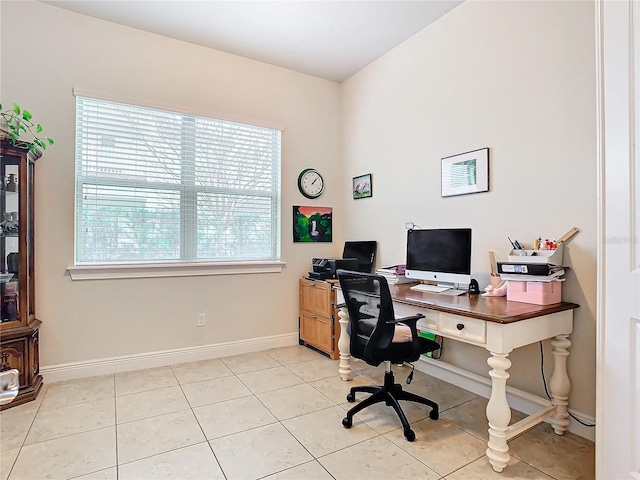 home office with light tile patterned floors