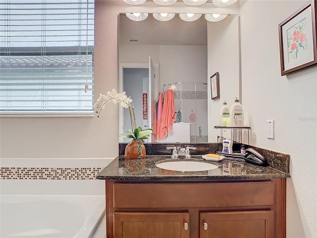 bathroom with vanity and a washtub