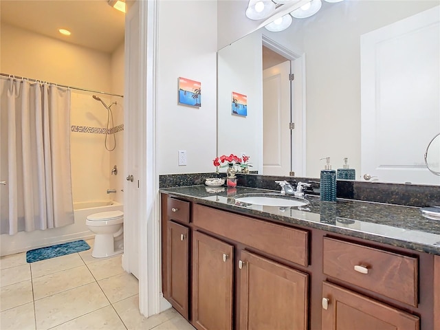 full bathroom featuring toilet, vanity, shower / bathtub combination with curtain, and tile patterned flooring