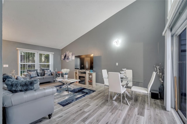 living room with light hardwood / wood-style flooring and high vaulted ceiling