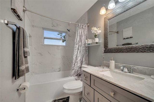 full bathroom with shower / bathtub combination with curtain, vanity, and toilet