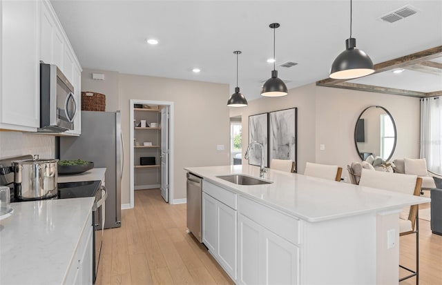 kitchen featuring a kitchen bar, sink, white cabinetry, an island with sink, and stainless steel appliances