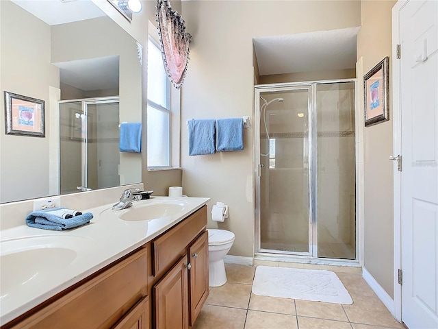 bathroom featuring tile patterned floors, toilet, an enclosed shower, and vanity