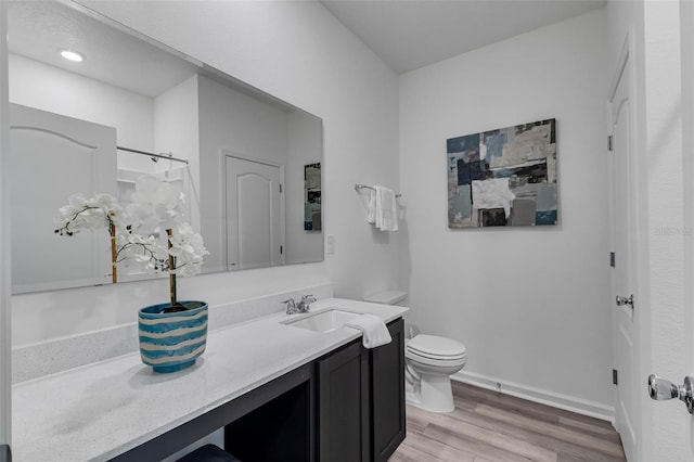 bathroom with vanity, wood-type flooring, a shower, and toilet