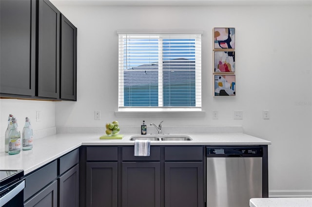 kitchen featuring stainless steel dishwasher, sink, and gray cabinetry