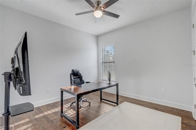 office space with hardwood / wood-style flooring and ceiling fan