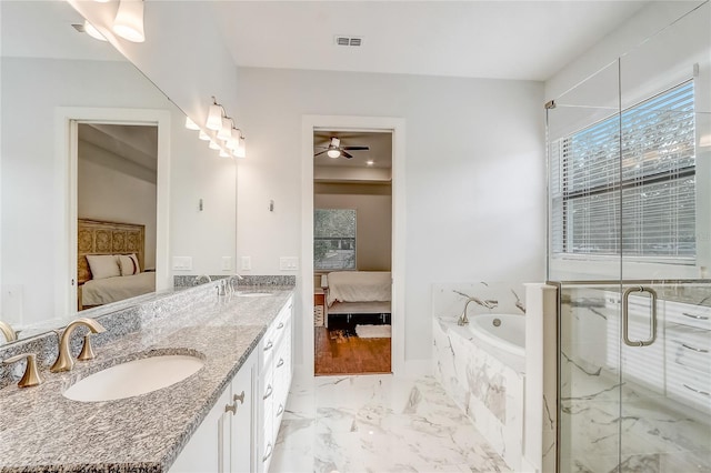 bathroom with vanity and plus walk in shower