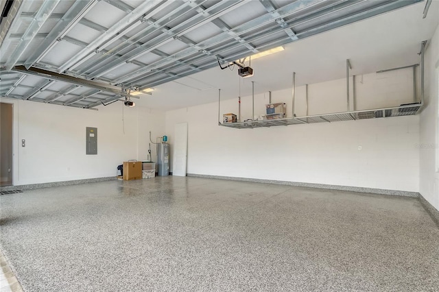 garage with water heater, a garage door opener, and electric panel