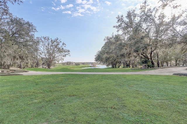 view of community featuring a water view and a lawn