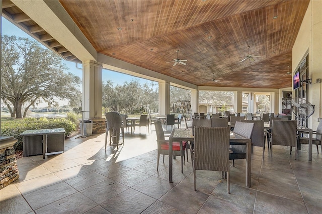 interior space featuring a water view, lofted ceiling, wooden ceiling, and ceiling fan