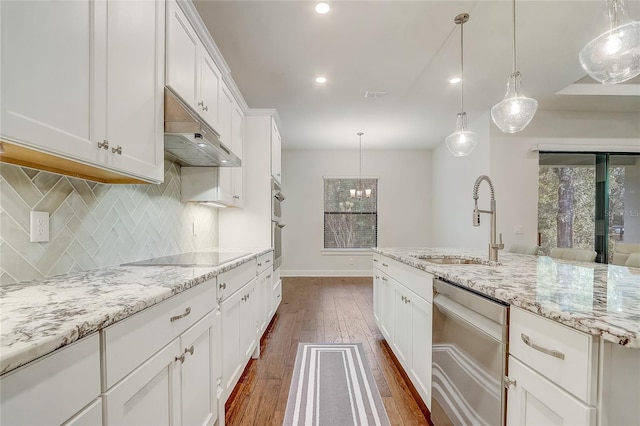 25974 High Hampton Cir, Sorrento, FL 32776 - kitchen with dishwasher, black electric stovetop, under cabinet range hood, dark wood finished floors, and decorative backsplash