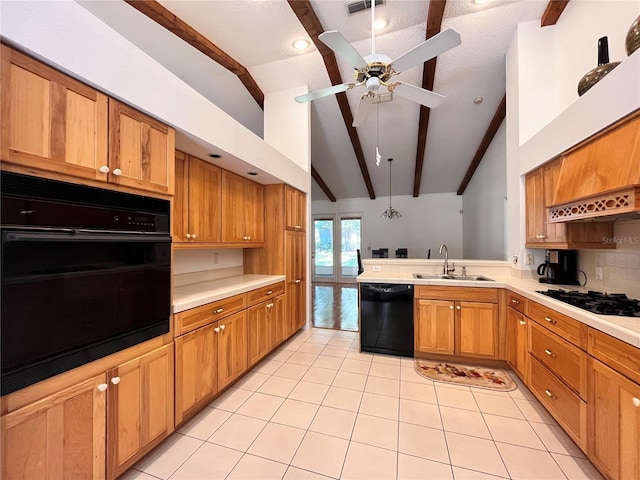 kitchen featuring lofted ceiling with beams, light tile patterned flooring, sink, and black appliances