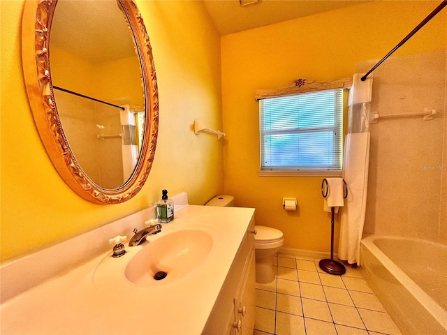 full bathroom with toilet, vanity, tile patterned floors, and shower / tub combo with curtain