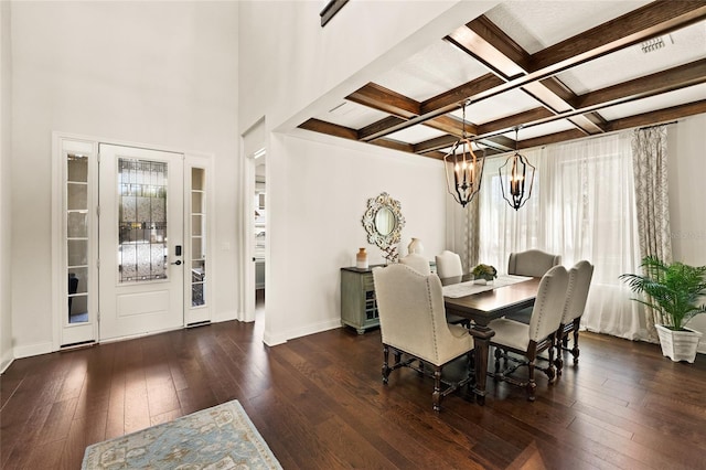 dining space featuring an inviting chandelier, dark wood-type flooring, coffered ceiling, and beamed ceiling