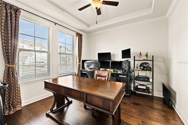 office featuring ceiling fan, dark hardwood / wood-style flooring, and a raised ceiling