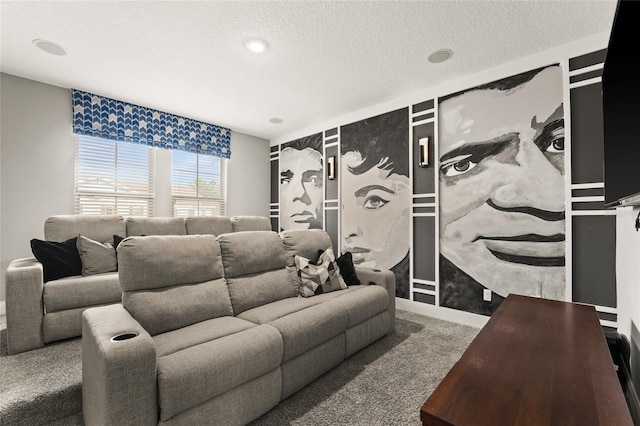 living room featuring carpet floors and a textured ceiling