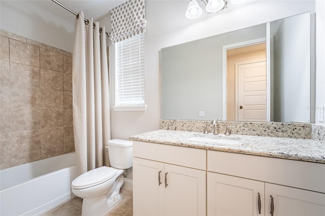 full bathroom with shower / tub combo with curtain, vanity, toilet, and tile patterned flooring