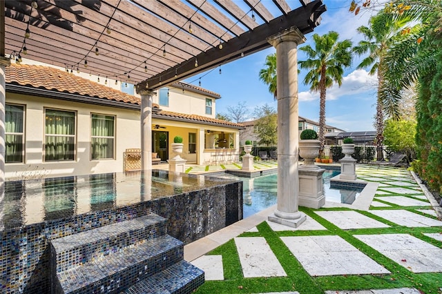 view of pool with a bar, a jacuzzi, a pergola, and a patio