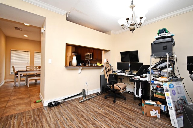 office space with ornamental molding, dark hardwood / wood-style floors, and a chandelier