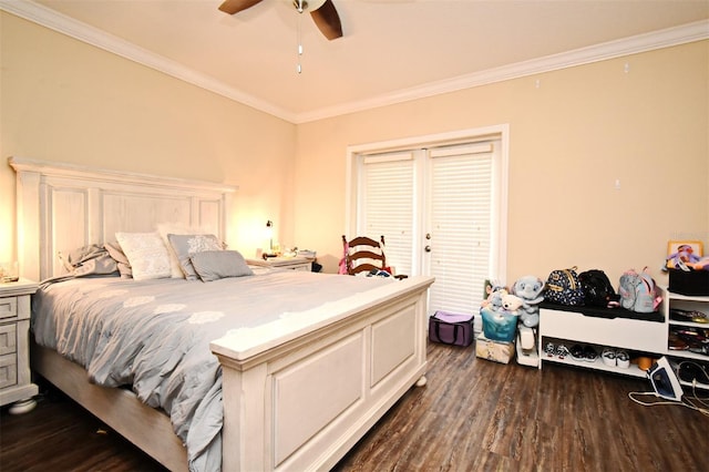 bedroom with crown molding, dark wood-type flooring, and ceiling fan