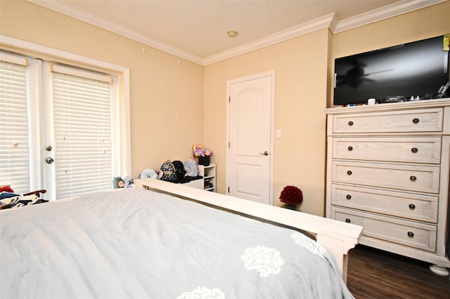 bedroom with ornamental molding and wood-type flooring