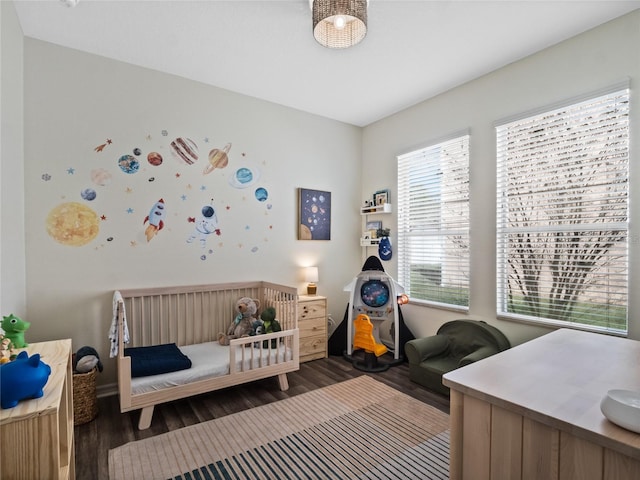 bedroom with dark hardwood / wood-style flooring