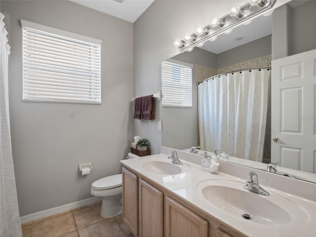 bathroom with tile patterned flooring, vanity, a shower with shower curtain, and toilet