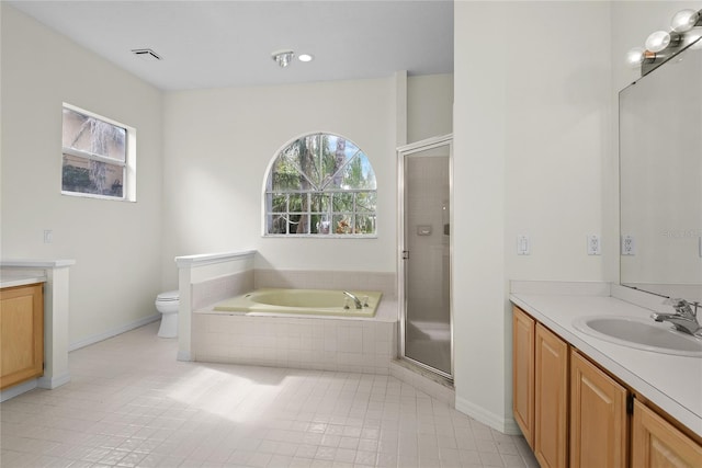 full bathroom with vanity, plus walk in shower, and toilet