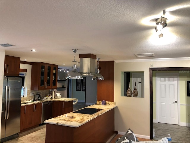 kitchen featuring dishwashing machine, stainless steel refrigerator with ice dispenser, light stone counters, black electric cooktop, and kitchen peninsula