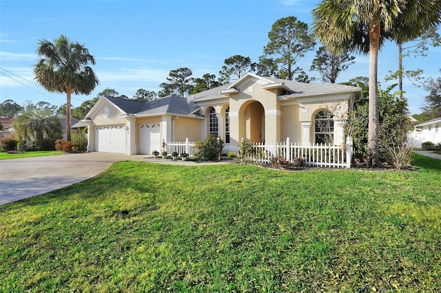 mediterranean / spanish-style house featuring a garage and a front lawn