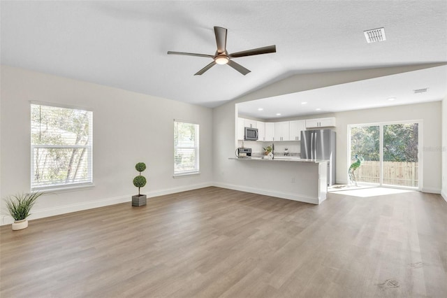 unfurnished living room featuring plenty of natural light, light hardwood / wood-style floors, and vaulted ceiling