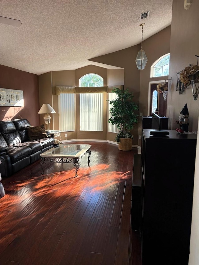 living room with lofted ceiling, dark hardwood / wood-style flooring, and a textured ceiling