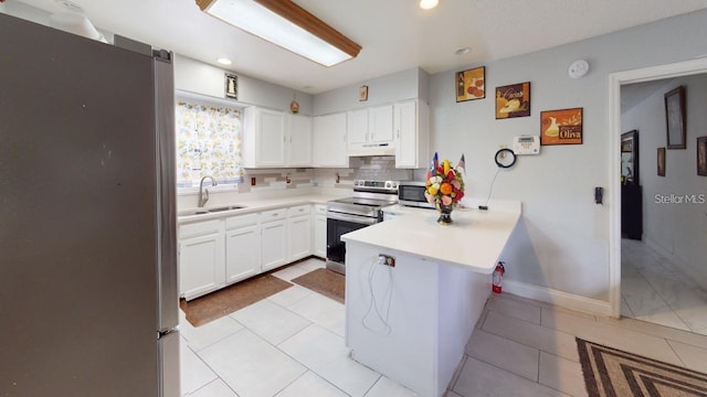 kitchen featuring stainless steel appliances, tasteful backsplash, white cabinets, a sink, and a peninsula