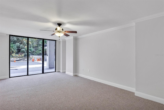 carpeted spare room featuring expansive windows, ceiling fan, and ornamental molding