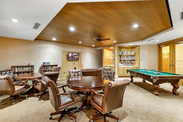 recreation room with french doors, built in features, carpet, and wooden ceiling